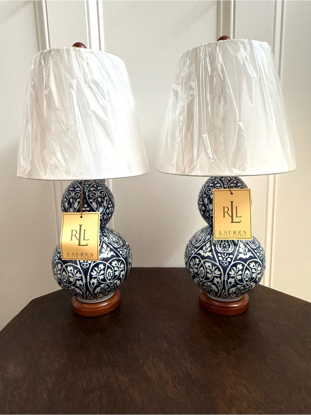 Brand New- Lauren Ralph Navy and White Double Gourd Ceramic Table Lamps Pair
